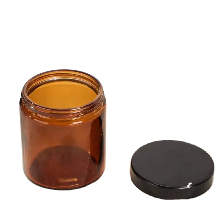 6oz 180ml Amber Luxury Empty Round Straight Sided Glass Candle Jar With Black Lids