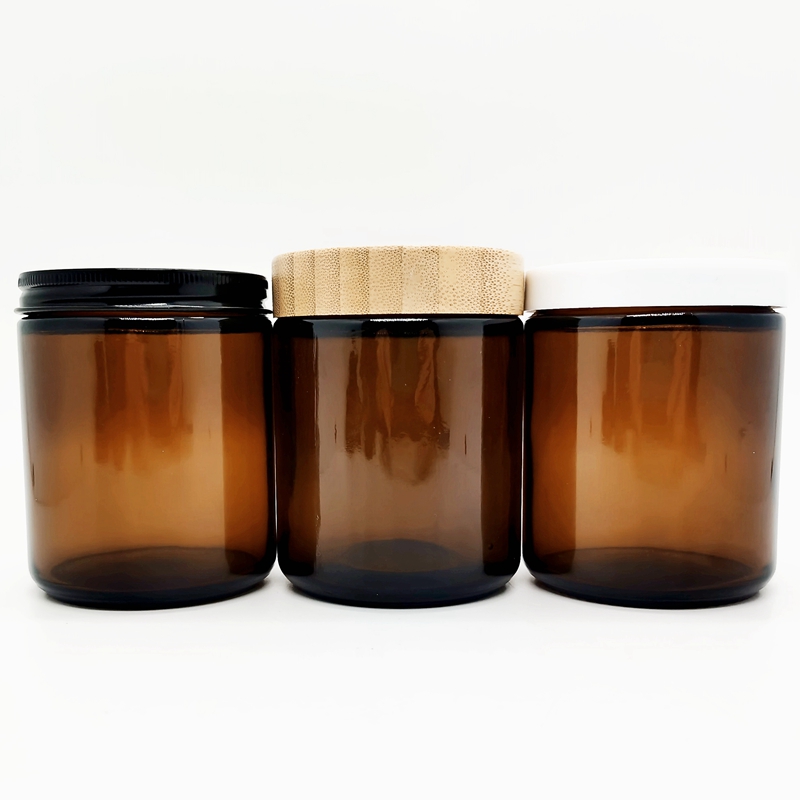 Medicine Packaging Set 250ml Cream Jar 8oz 9oz Amber Glass Cosmetic Capsule  Bottle With Bamboo Lid