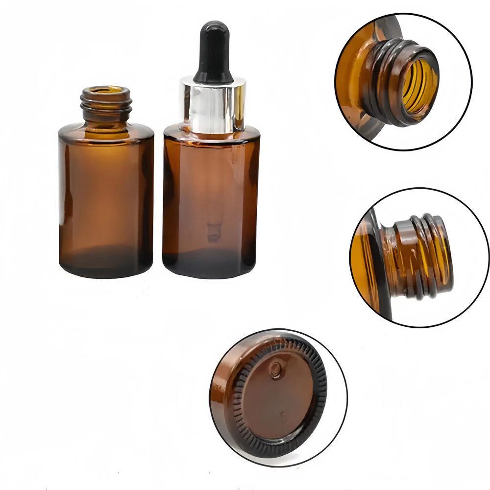 Amber 20ml 30ml/1oz 2oz 100ml Flat Shoulder Cylinder Glass Dropper Bottle for Serum Essential Oil With Black Dropper