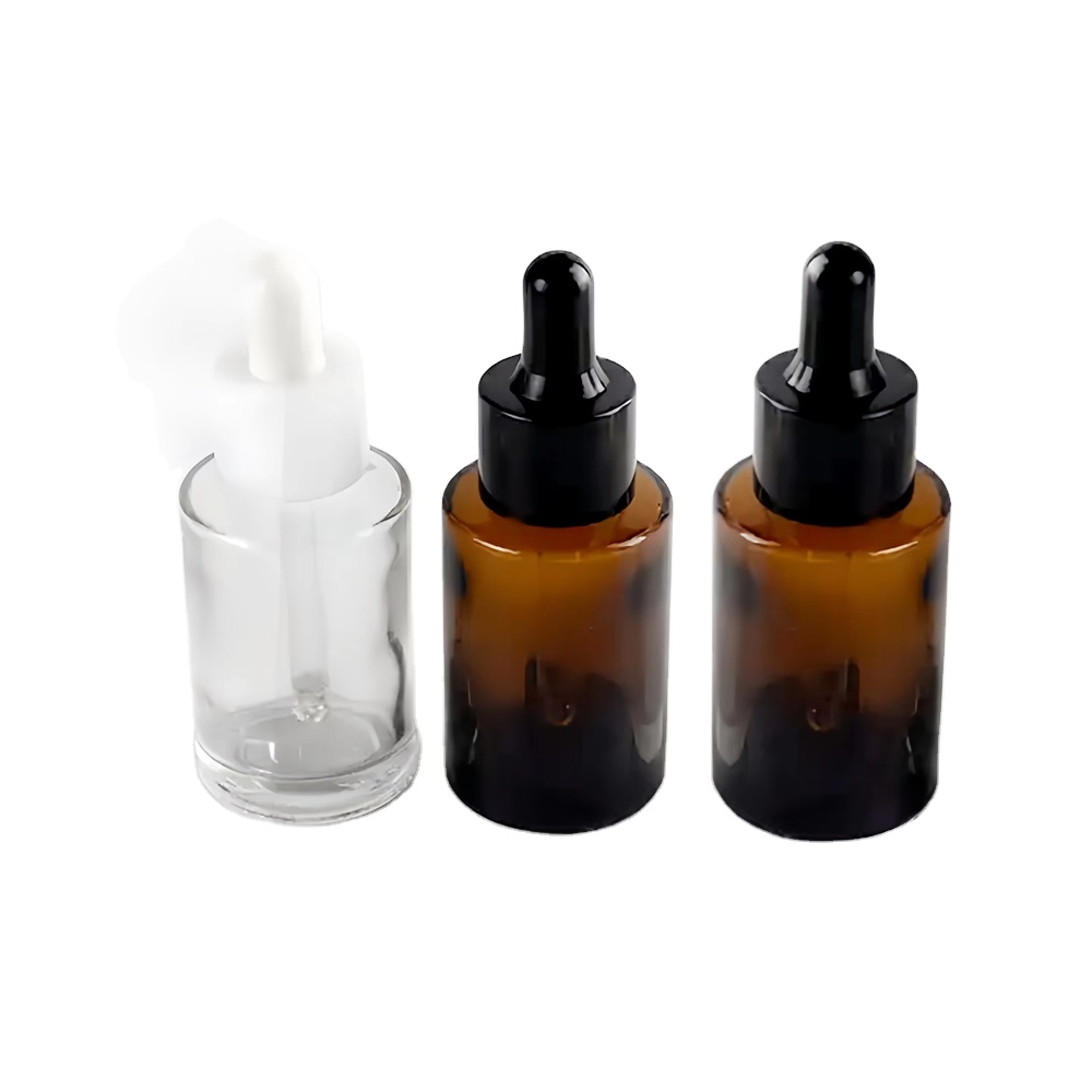 30ml Essential Oil Serum Flat Shoulder Frosted Transparent Amber Cosmetic Package Glass Dropper Bottle