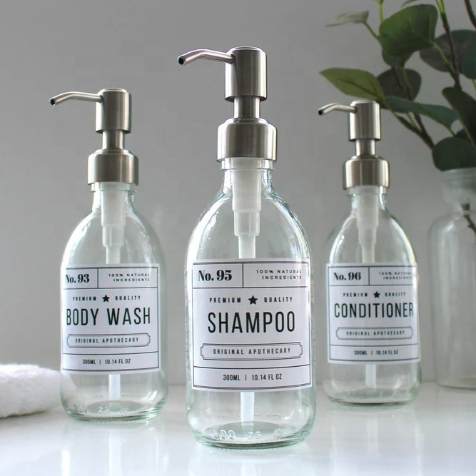 Customizable 16oz 500ml Clear Round Glass Hand Soap Bottles High Quality Waterproof Label