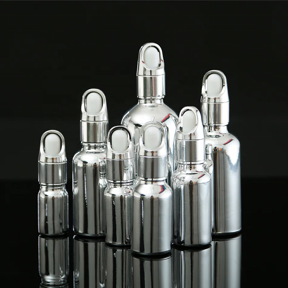 Bright Silver Electroplating Essential Oil Bottle  Hair Oil Dropper 15ml 30ml Silver Glass Essential Oil Bottle With Dropper Lid