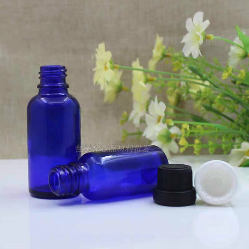 Blue Glass Essential Oil and Probiotics 5ml 10ml 20ml 50ml 100ml Bottles with Plastic Black Cap and  Oil Reducer