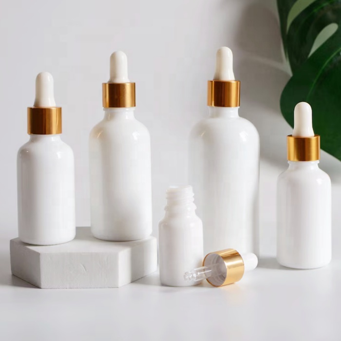 Luxury 1oz 10ml 30ml 50ml 100ml Empty Essential Oil Eye White Porcelain Glossy Glass Dropper Bottle With Pipette Gold Screw Lid