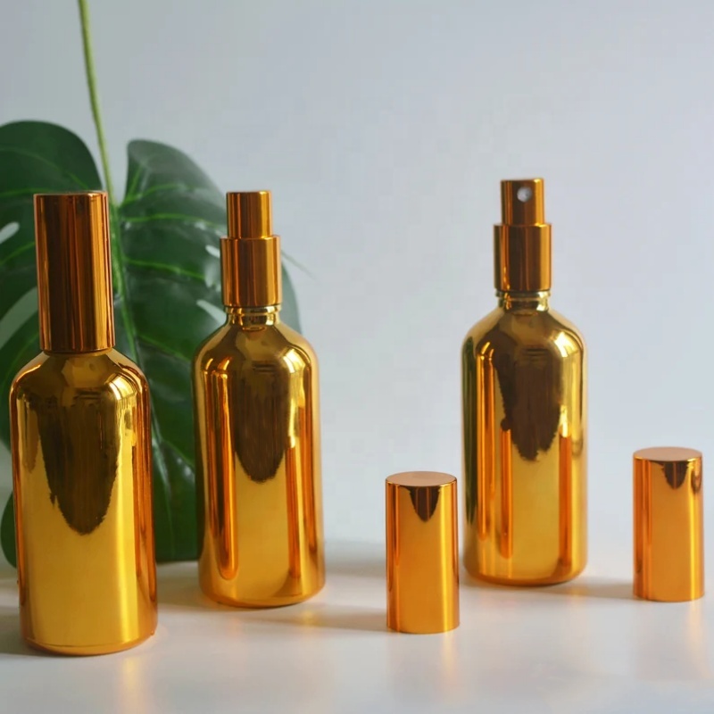 Wholesale Luxury Gold Coating Fine Mist Spray Bottle Glass Essential Oil Spray Bottle Perfume Fragrance Mister Home Room Spray