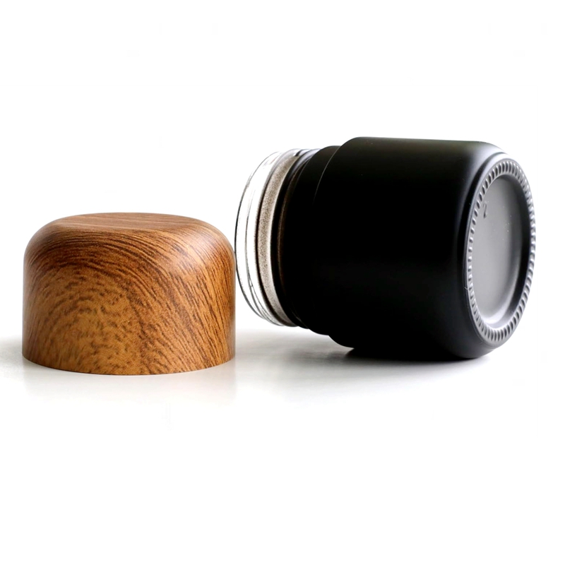 Concentrate Container 2oz 70 ml Custom Smell Proof Flower Storage Matte Black Herb Glass Jar With Child Resistant Wood Grain Lid