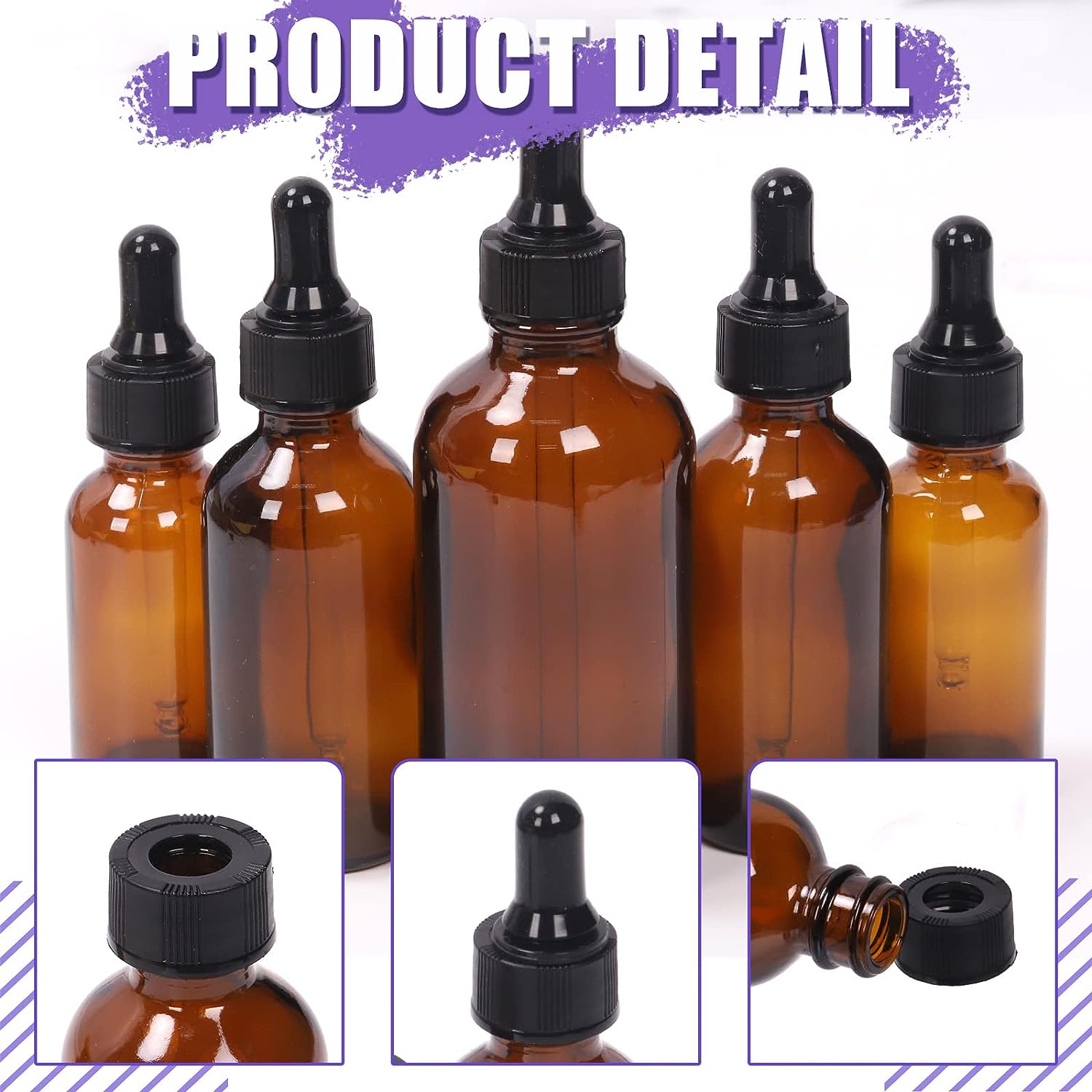Amber Glass Boston Bottles 1 oz 2 oz 4 oz 8 oz With Eye Droppers