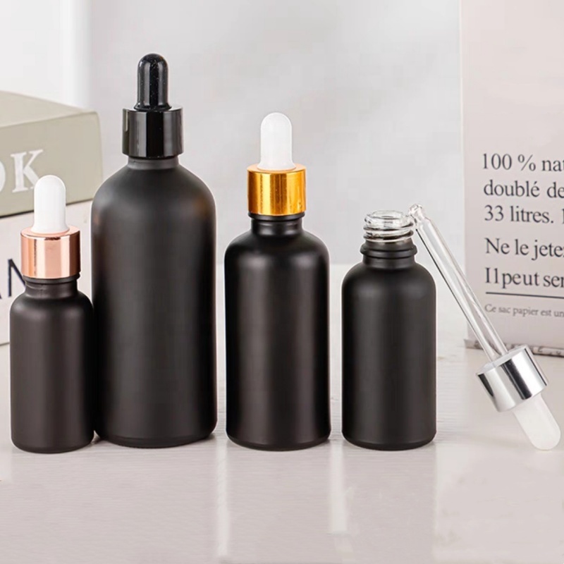 Cosmetic Packaging Containers 5ml 10ml 15ml 20ml 30ml 50ml 100ml Matte Black Glass Serum Dropper for Essential Oil