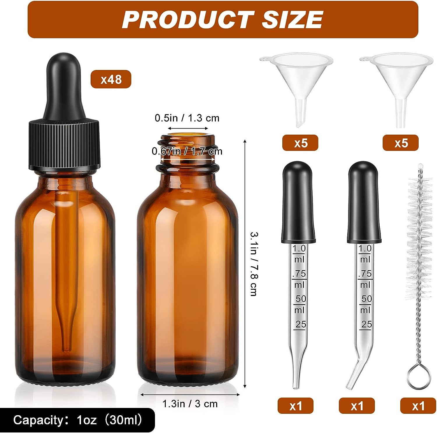 5ml to 60ml Amber Round Boston Glass Dropper Bottle Black Essential Oil and Cosmetic Bottle With Brush 8oz Capacity