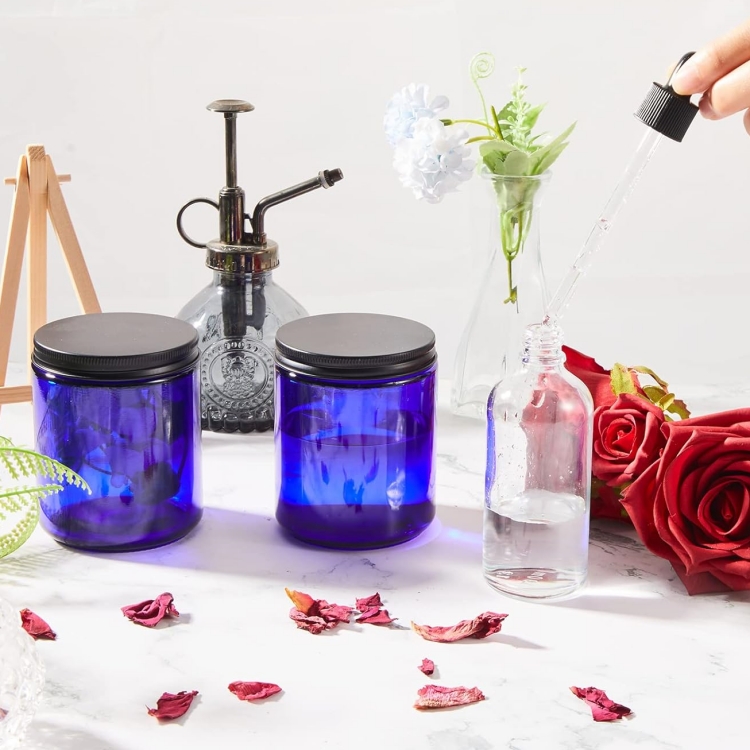8 oz Blue Glass Jars With Black Metal Lids Round Empty Candle Making Jar Candle Jars Leakproof Canning Body Butter Containers