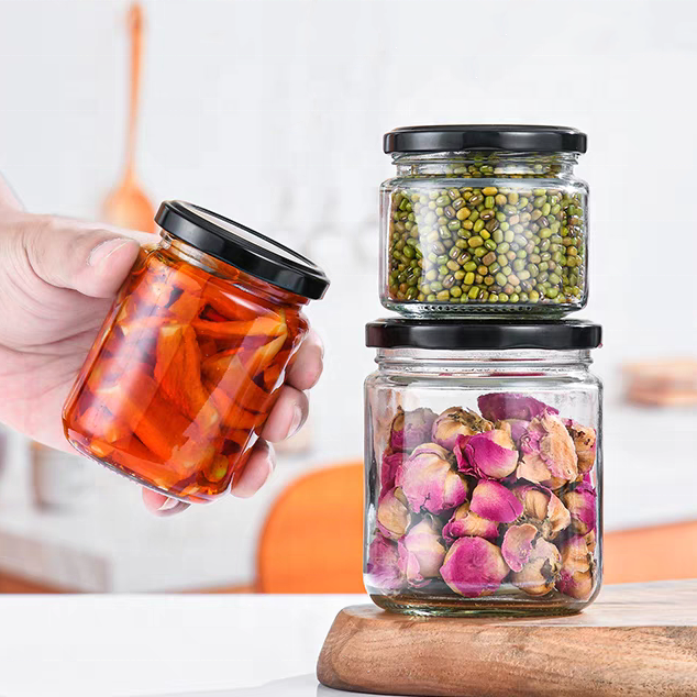 High Quality Round 8oz 12oz Airtight Glass Jar With Metal Lid for Pickle Honey Jam Jelly Spice Food Storage 350ml 240ml 100ml