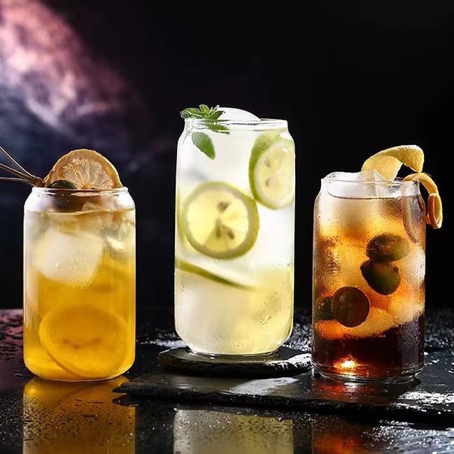 Glass Cups With Bamboo Lids and Glass Straws 16 oz Drinking Glasses Can Shaped Glass Cawa Iced Coffee Suction Cup