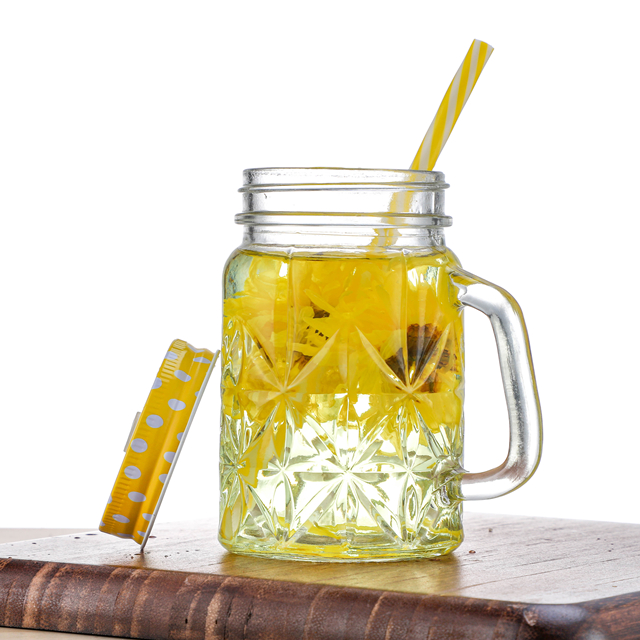 Old Fashioned Drinking Glass Set Mason Jar Mug With Handle and Straw Lid 16 Ounce