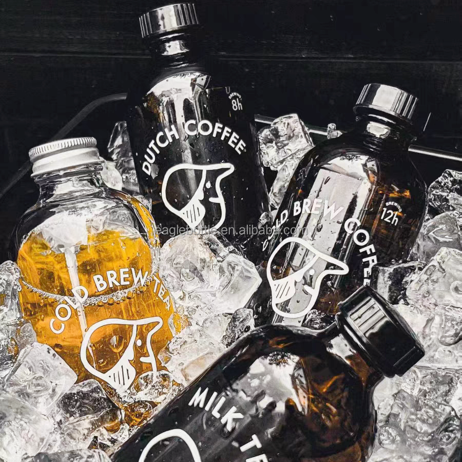 Custom 250ml 500ml Drinks Glasses Beverages Fruit Juice Kombucha Tea 8 oz 16 oz Boston Round Empty Amber Glass Bottles