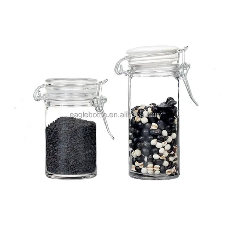 Eco Friendly 50ml 75ml 100ml Glass Lock Jar Straight Shape Snack Honey Coffee Bean Storage Jar With Clip Lid for Sale