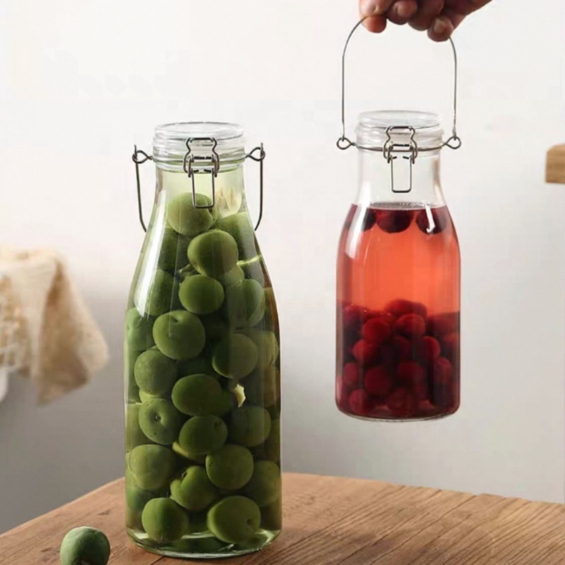 1000ml 32oz 2000ml 64oz Clip Cap Dispenser Glass Bottle Daily Milk Drink Bottles with Clip Top and Rubber