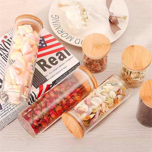 Clear Bamboo Heat Resistant High Borosilicate Glass Food Storage Jar With Bamboo Lid for Spice Kitchen