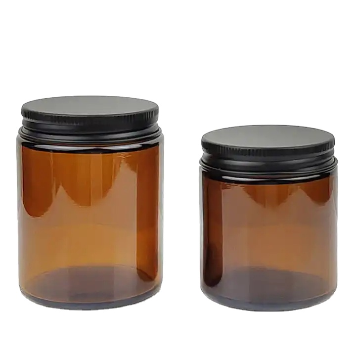 4oz 6oz Amber Round Candle Glass Jars With Black Lids Empty 8oz Food Storage Jars for Spice Candy Powder