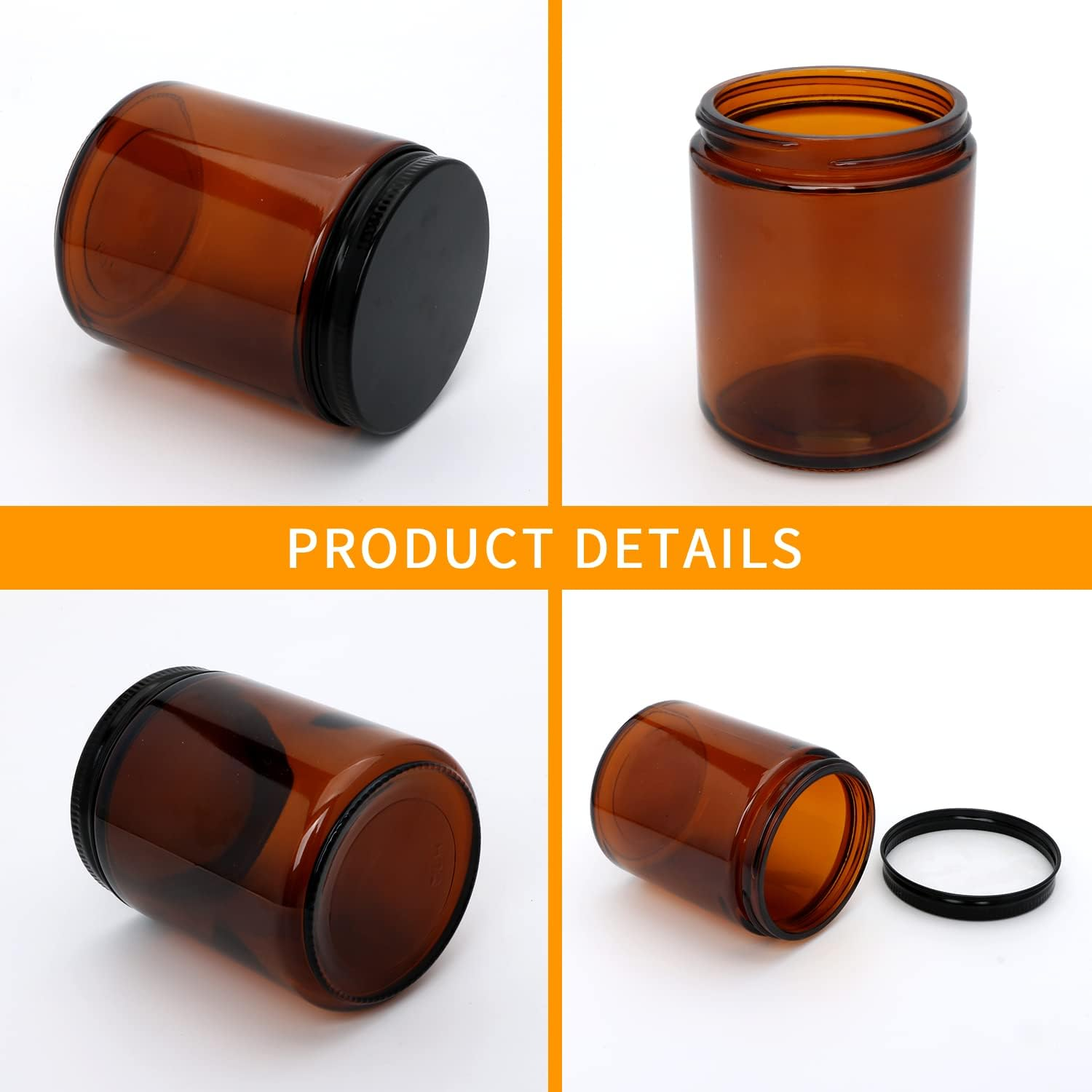 250g 4oz 8oz 16oz Amber Clear Luxury Empty Straight Sided Glass Candle Jar With Aluminum Metal Lids