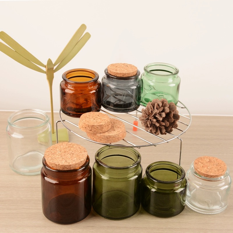 Hot Sale Custom Army Green Amber Round Cut Wine Bottle Glass Candle Jars Empty 100ml With Cork Lid