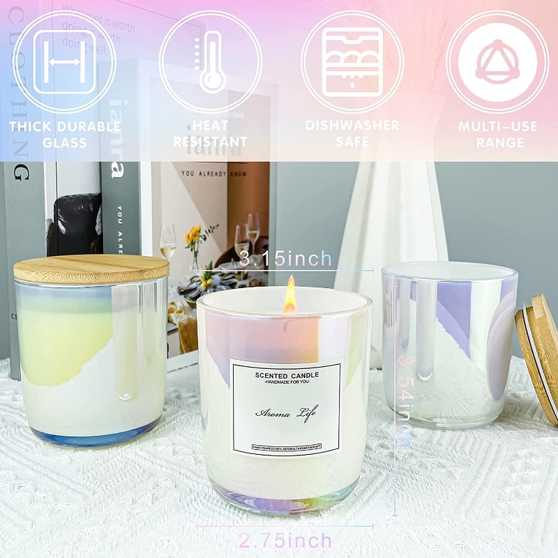 10 oz Bulk Thickened Candle Vessel Containers With Bamboo Lids 10oz Iridescent Candle Glass Jars for Making Candles