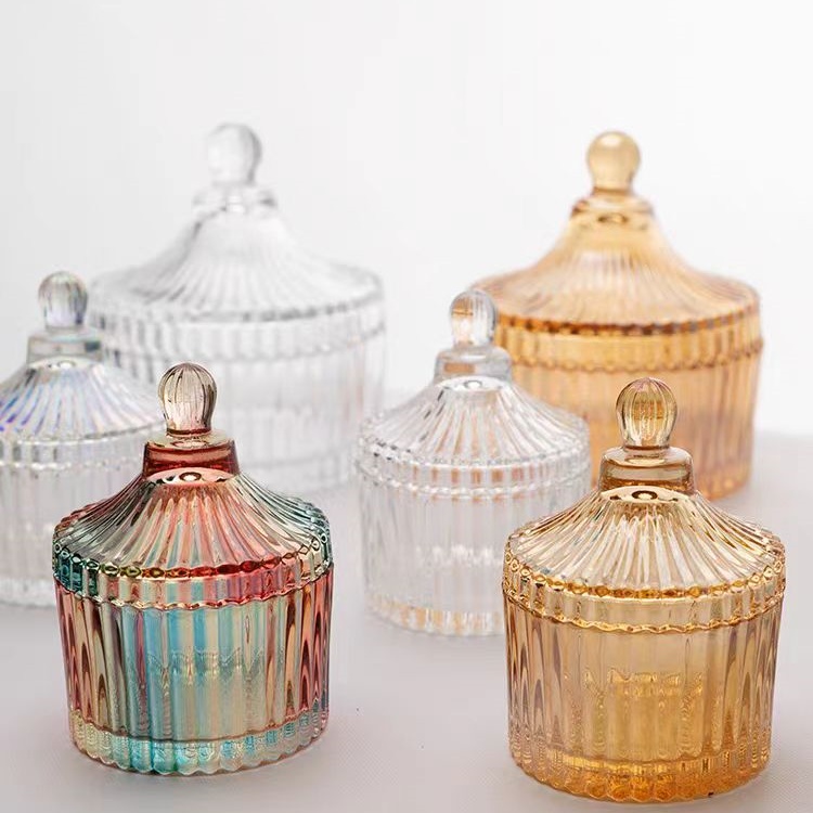 Hot Sale Empty Crystal Candy Gift Storage Recyclable Glass Candle Jars Customize Ribbed Candy Gift Storage With Glass Lid