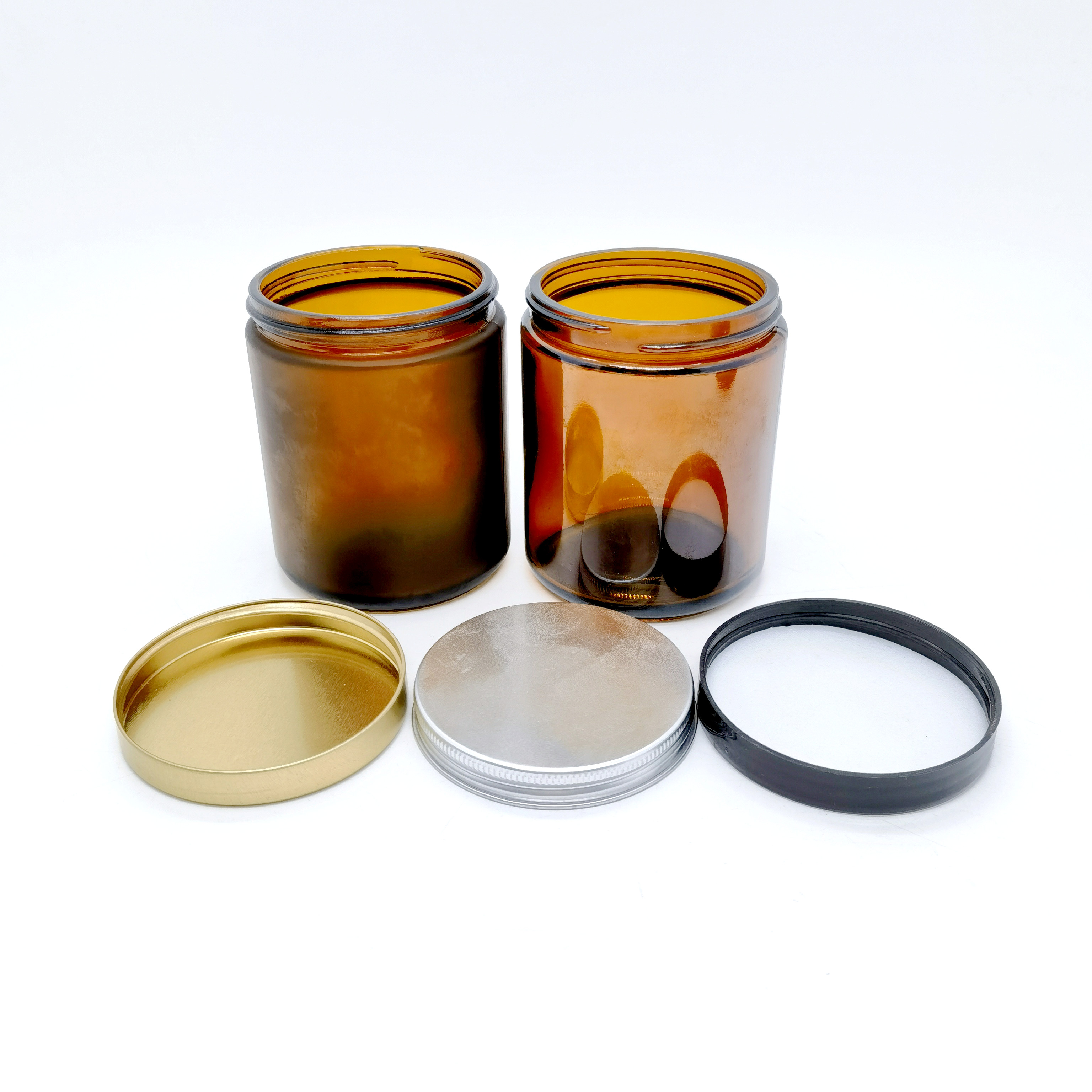 Empty 8 oz Canning Spice Powder Candle Jar 8oz 240ml Thick clear Blue Amber Round Glass Jars With Metal Lids