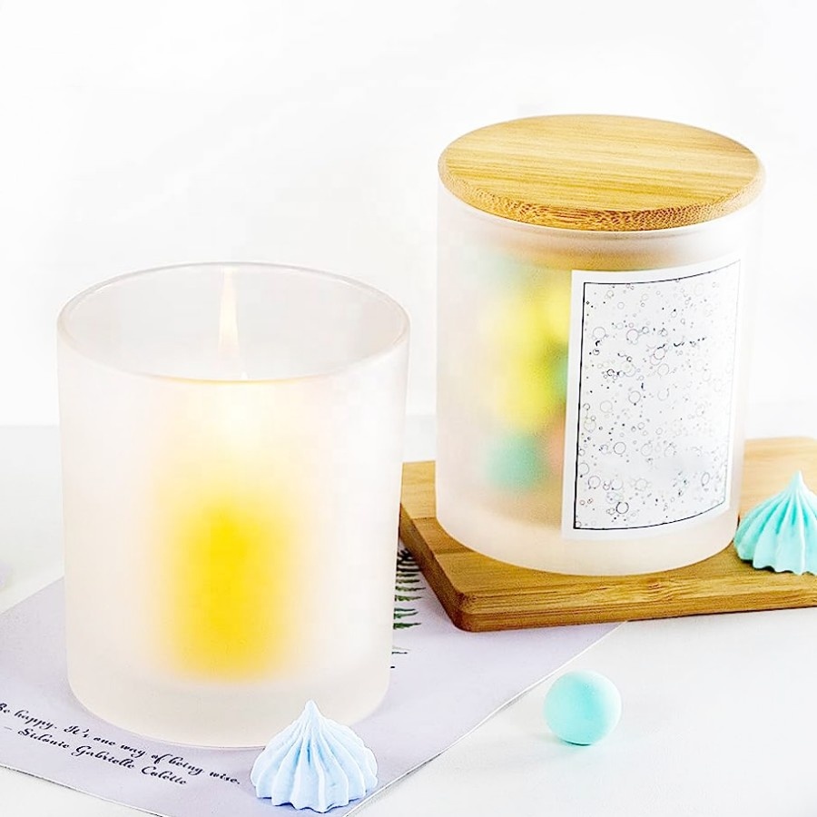 Custom 8oz and 10oz Frosted Luxury Glass Candle Jar Empty Cylinder With Wood Bamboo Gold Lid Offset Printing