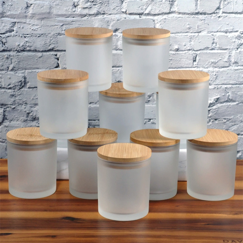 10oz Empty Clear Frosted Candle Glass With Bamboo or Flat Top Metal Lid & Gift Box