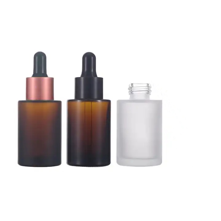 Amber Clear Frosted 1 oz 30 ml Flat Shoulder Cylinder Glass Dropper Bottle Serum Essential Oil Mascara Eye Drop Screen Printing