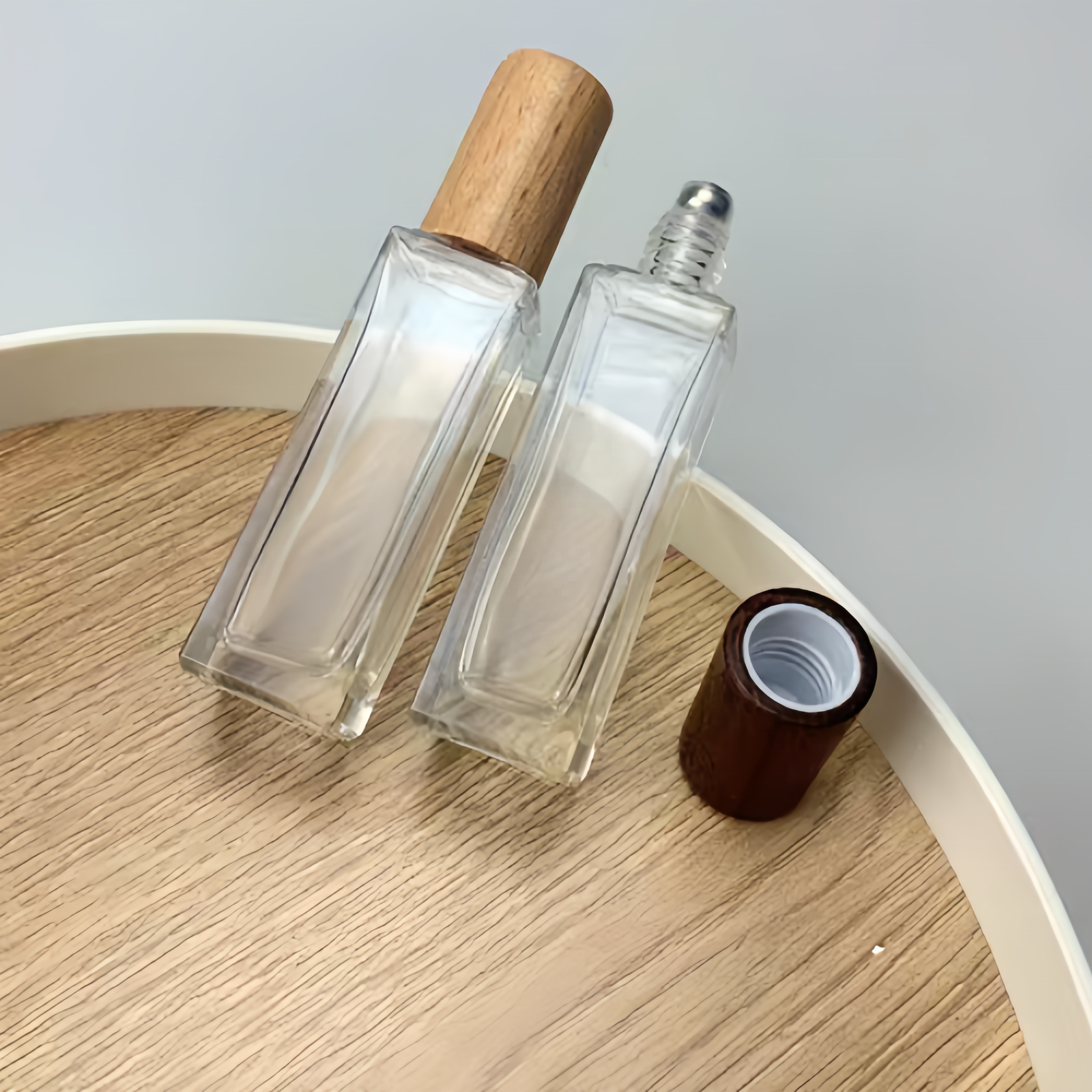 Square Transparent Clear Bamboo Cap Various Size  Glass Roller Ball Bottles