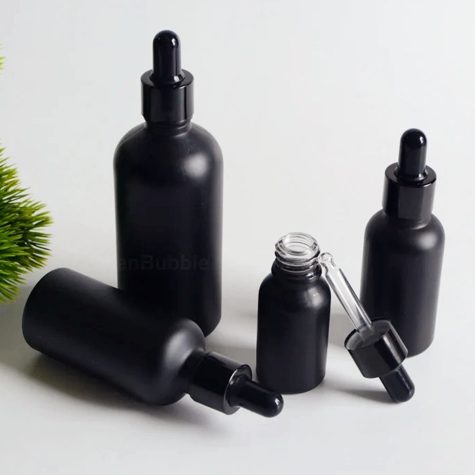 Refilled 10ml 15ml 30ml 50ml 100ml Skincare Cosmetic Attar Essential Oil Opal Matte Black Glass Dropper Bottle With Cap