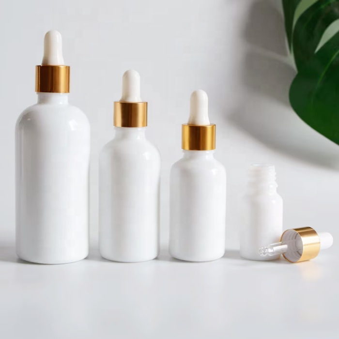 Luxury 1oz 10ml 30ml 50ml 100ml Empty Essential Oil Eye White Porcelain Glossy Glass Dropper Bottle With Pipette Gold Screw Lid