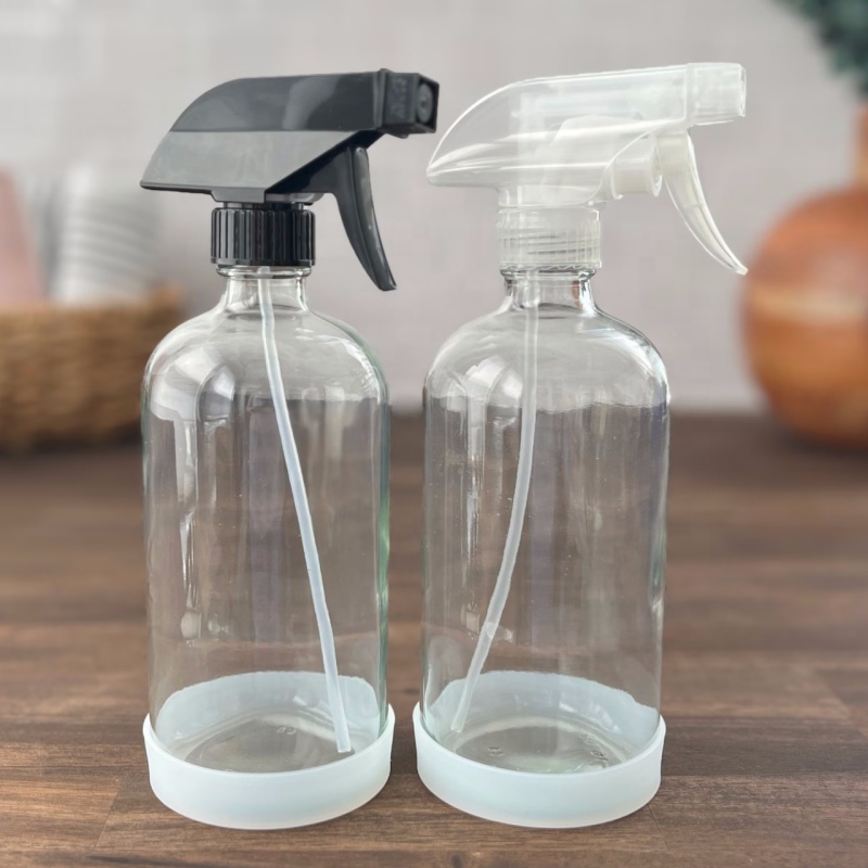 Eco-Friendly Refillable 16oz Clear Amber Cobalt Blue Boston Bottle W/ Silicone Sleeve and Cap/Sprayer for Cleaning Collection