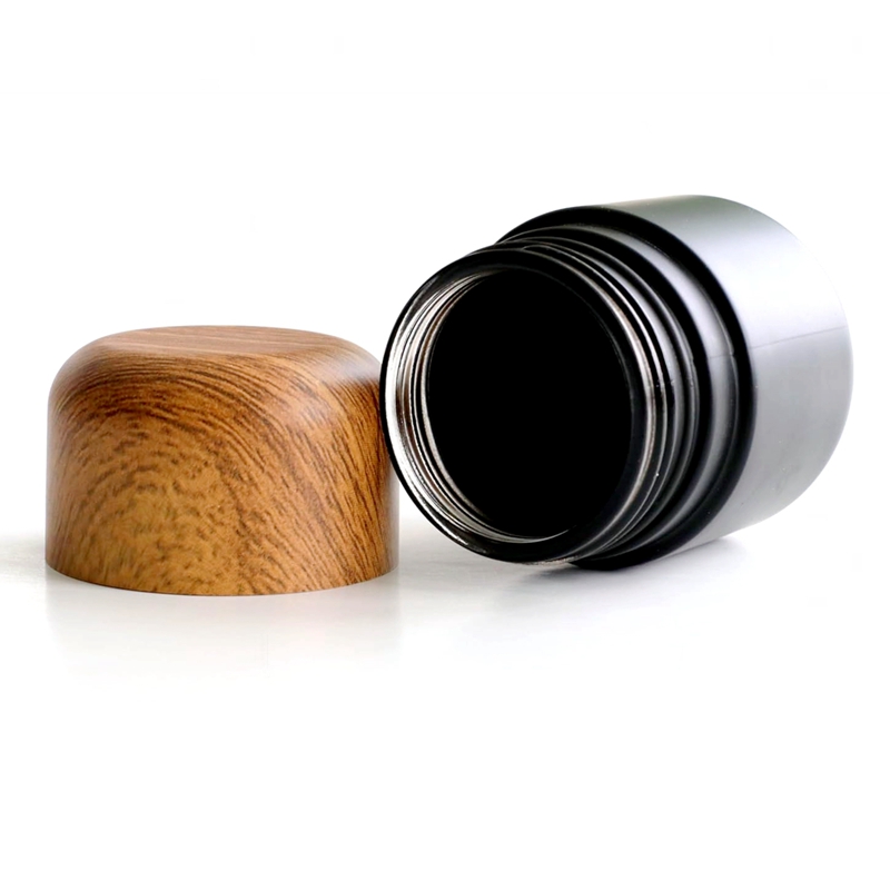 Concentrate Container 2oz 70 ml Custom Smell Proof Flower Storage Matte Black Herb Glass Jar With Child Resistant Wood Grain Lid