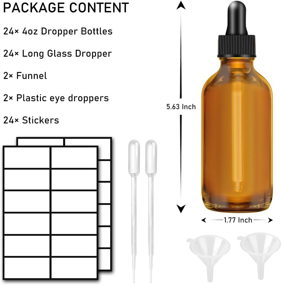Amber Glass Boston Bottles 1 oz 2 oz 4 oz 8 oz With Eye Droppers