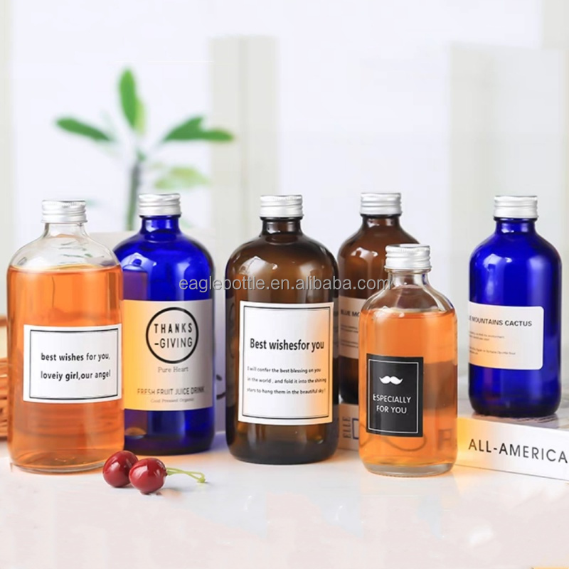 Custom 250ml 500ml Drinks Glasses Beverages Fruit Juice Kombucha Tea 8 oz 16 oz Boston Round Empty Amber Glass Bottles