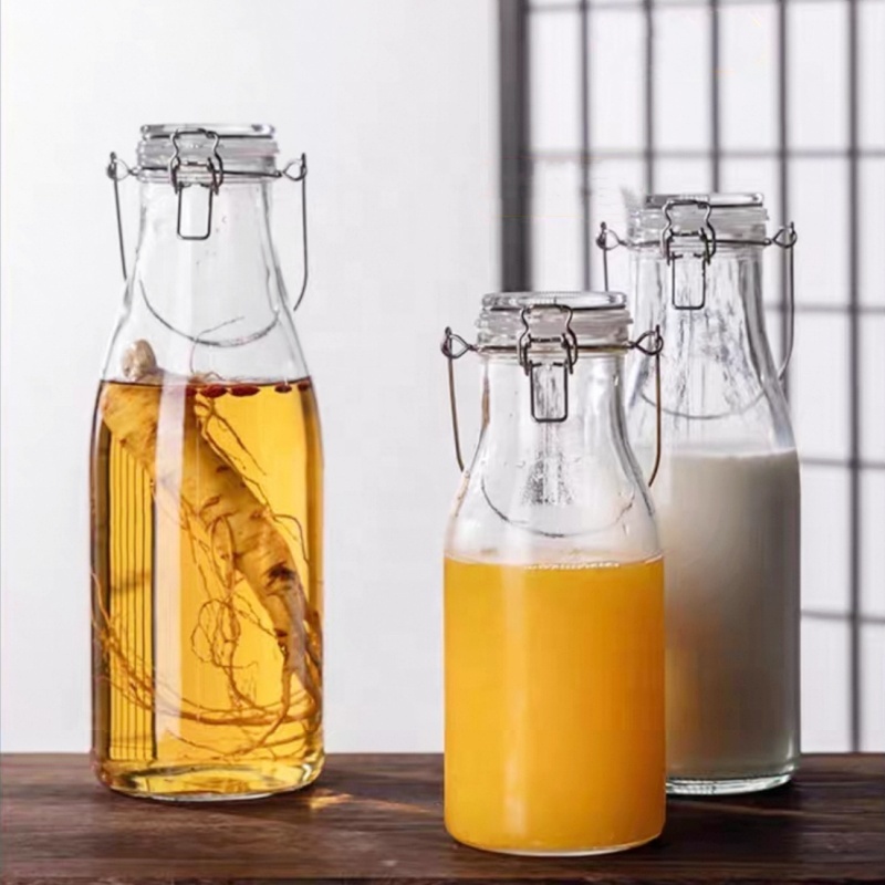 Large Swing Top Glass Storage Bottles 1000ml 2000ml Juice Milk Beverage Glass Bottles With Clip Clamp Lid
