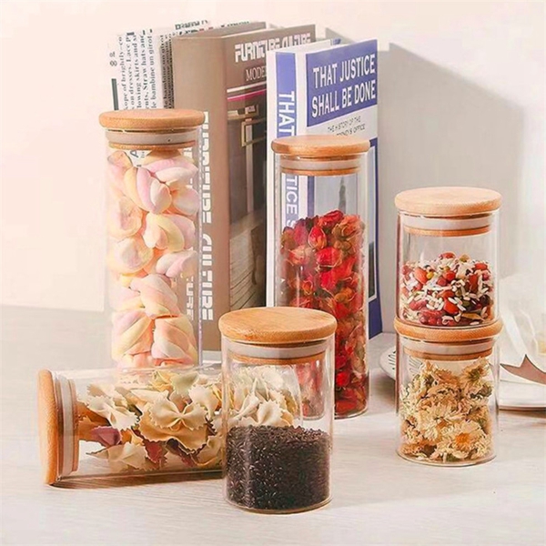 Clear Bamboo Heat Resistant High Borosilicate Glass Food Storage Jar With Bamboo Lid for Spice Kitchen