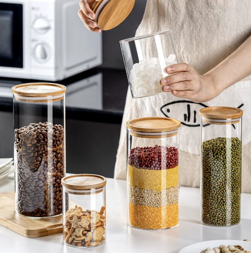 Hot Sale Kitchen Storage Glass Jar With Bamboo Wood Lid Glass Bottles With Lid Container