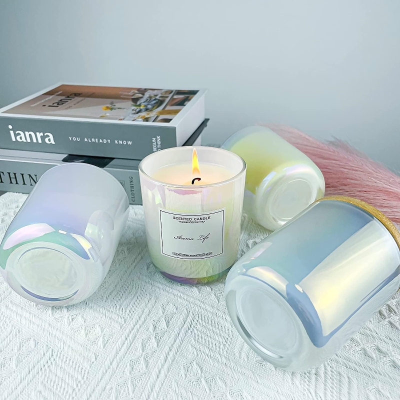 10 oz Bulk Thickened Candle Vessel Containers With Bamboo Lids 10oz Iridescent Candle Glass Jars for Making Candles
