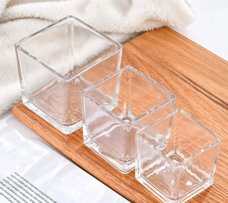 Wholesale Customized Transparent Candle Cups and Square Small Candle Jar Glass With Lid
