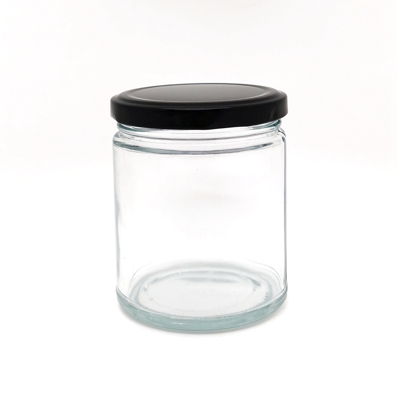 Recyclable 9 oz 270ml Clear Straight Sided Wide Mouth Glass Candy Jar With Black Metal Lid for Jam Honey Candle