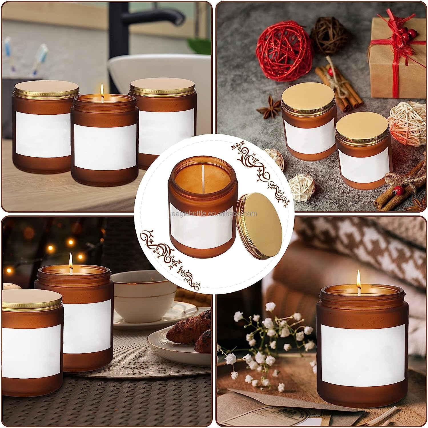Round 8oz Amber Candle Jars With Lids Empty 250ml Glass Candle Making Jars Storage Jars
