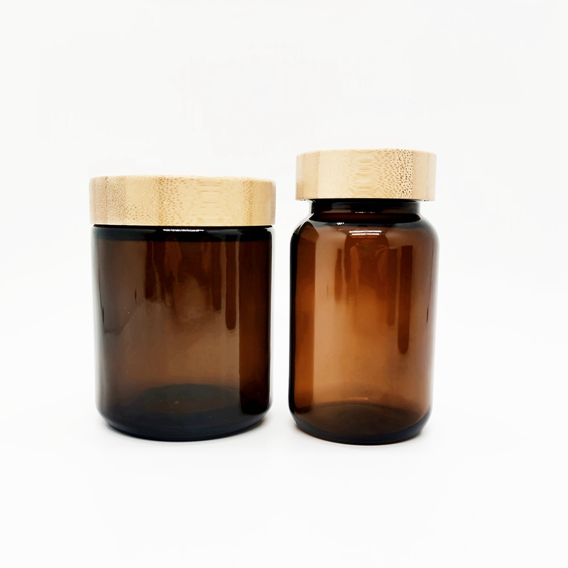 Empty Cosmetic Packaging Containers Amber 250ml 270ml Glass Jar With Bamboo Wood Lid for Face Cream
