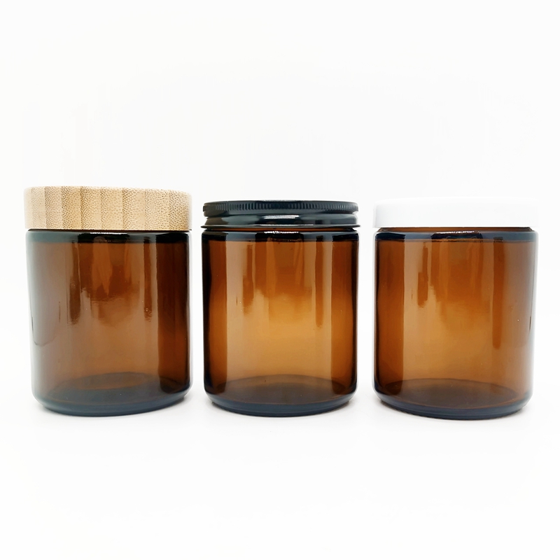 Round 8oz Amber Candle Jars With Black Lids Empty 250ml Glass Candle Making Jars Storage Cosmetic Jars W/Bamboo Cap