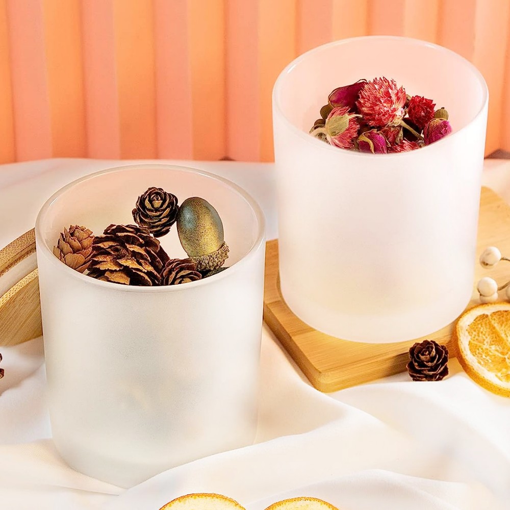 6oz 8oz 10oz Whoelsae Custom Luxury Frosted Empty Glass Candle Jars With Wooden Lids 200ml 320ml 430ml