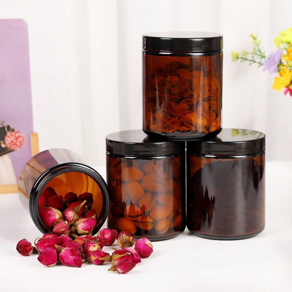 Amber Glass Straight Sided Jar -250ml Glass Candle Holder With Black Plastic Lid