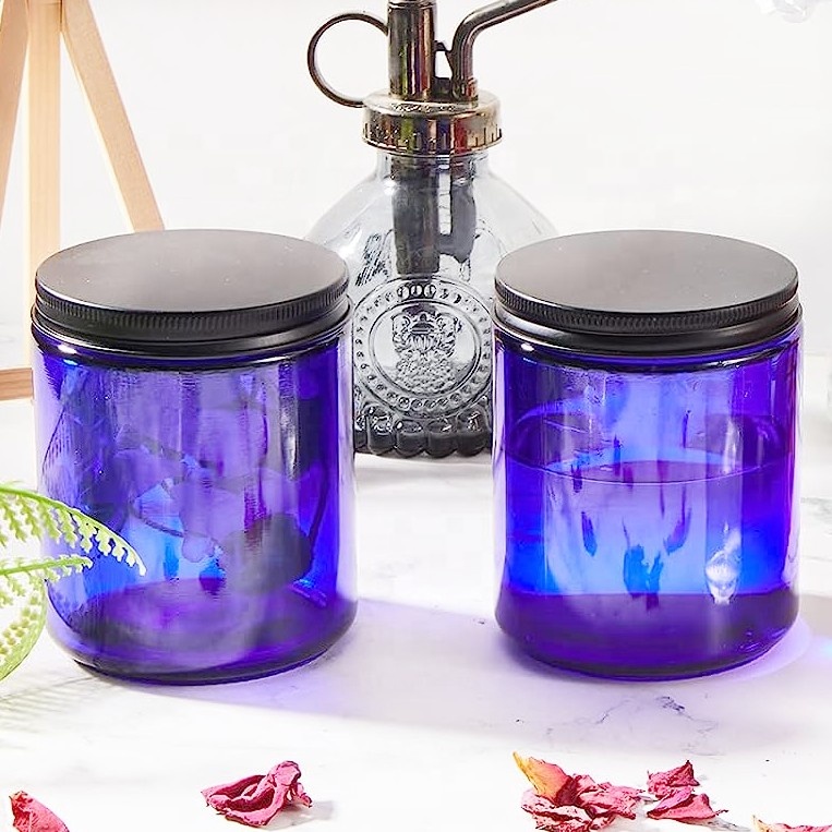 8oz 250ml Blue Glass Cylinder Candle Jars with Lids Empty Amber Silk Screen Printing for Scented Candles