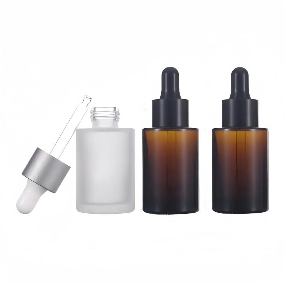 30ml Essential Oil Serum Flat Shoulder Frosted Transparent Amber Cosmetic Package Glass Dropper Bottle